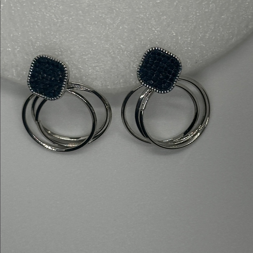 STUNNING Navy Blue Crystal Silver Dangle Hoop Earrings | Statement Jewelry | NWT - Picture 10 of 16